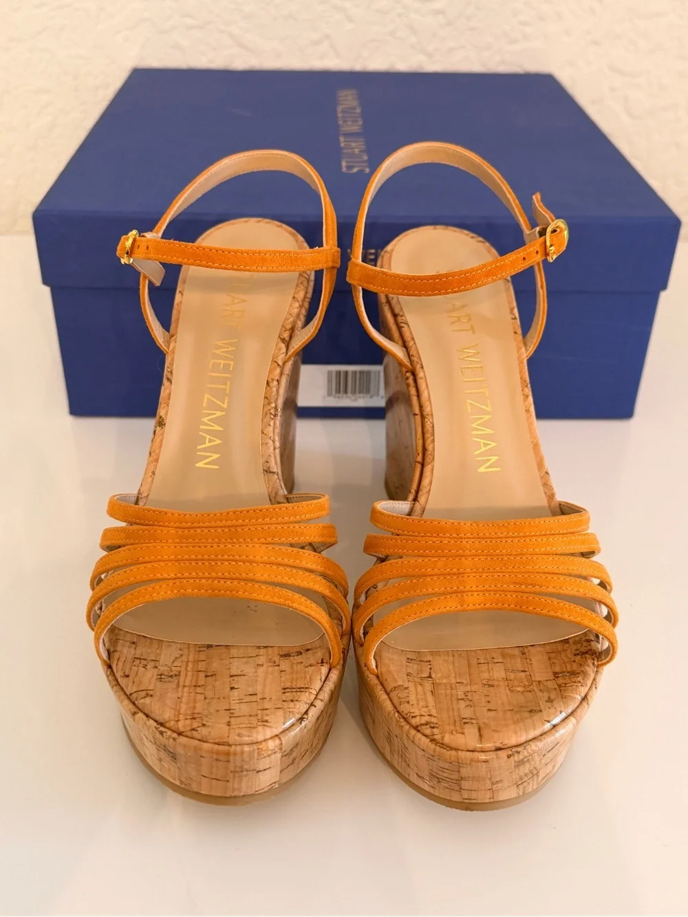 Stuart Weitzman Soiree Orange Suede Cork Wedge Sandals